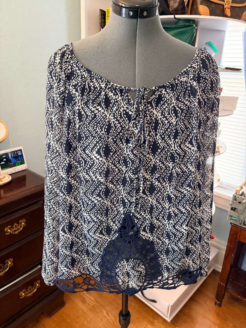 Sweet Journey Navy Boho Peasant Top L Crochet Hem Festival Coastal Top Vacation